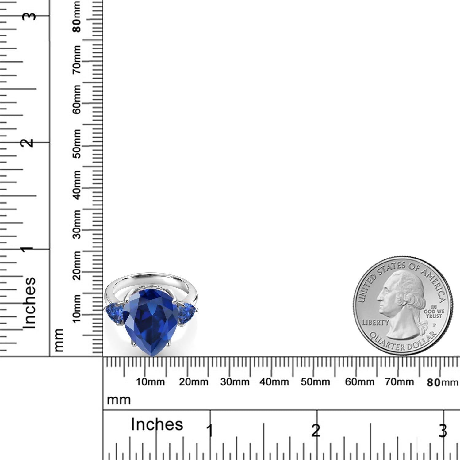 Gem Stone King 11.28 Cttw Blue Simulated Sapphire 3-Stone Ring For Women | 925 Sterling Silver | 16X12MM Pear Shape and 5MM Trillion | 3 Stone Wedding Engagement Anniversary Promise Ring