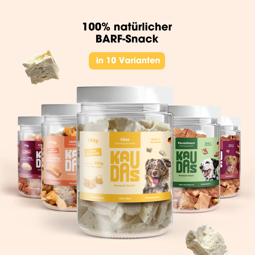 KäsePur Natursnack – 5 x 150g gefriergetrockneter Käse Leckerli Hund mit hohem Proteingehalt, 100% natürlicher Hundesnack aus je 326g Rohgewicht – ohne Zucker, Getreide & Zusatzstoffe