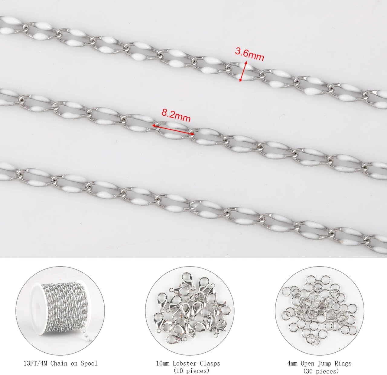 4 Meters White Oil Drip Lip Chain Link Silver Jewelry Chains for Making Jewelry Thin Craft Chain Roll with Lobster Clasps Jump Rings Supply Jewelry Making Findings - Image 2