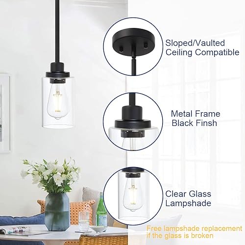 Miniatura 5 de TODOLUZ Lámparas colgantes industriales negras, iluminación colgante de cocina con pantalla cilíndrica de vidrio transparente para granja, comedor,