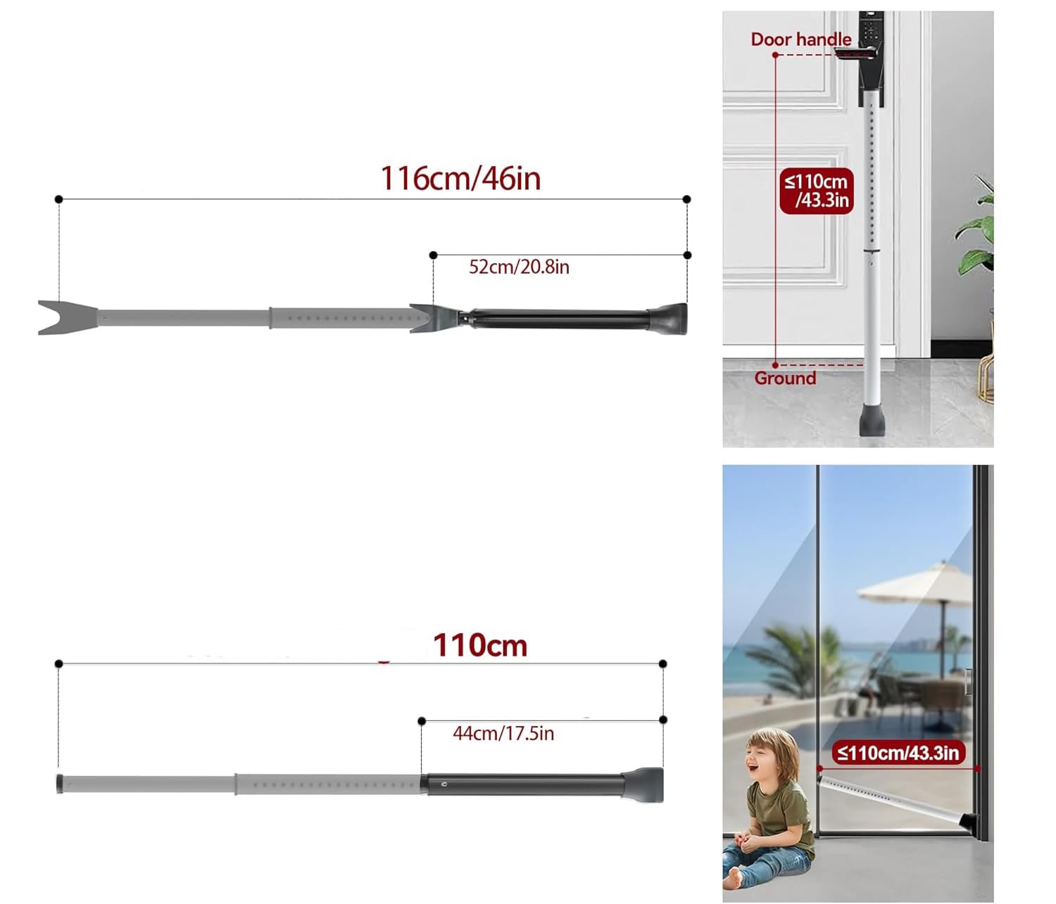 Barra de seguridad para puerta ajustable paquete de 2 – Refuerzo portátil para hogar, apartamento y viajes, tope de puerta resistente con apoyo en el suelo