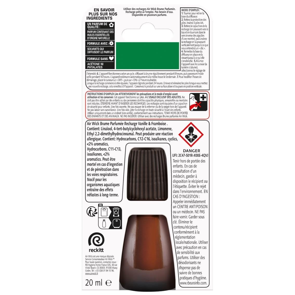 Air Wick Lot de 3 Recharges Diffuseur désodorisant d’Huiles Essentielles Brume Parfumée Vanille et Framboise - 20 ML