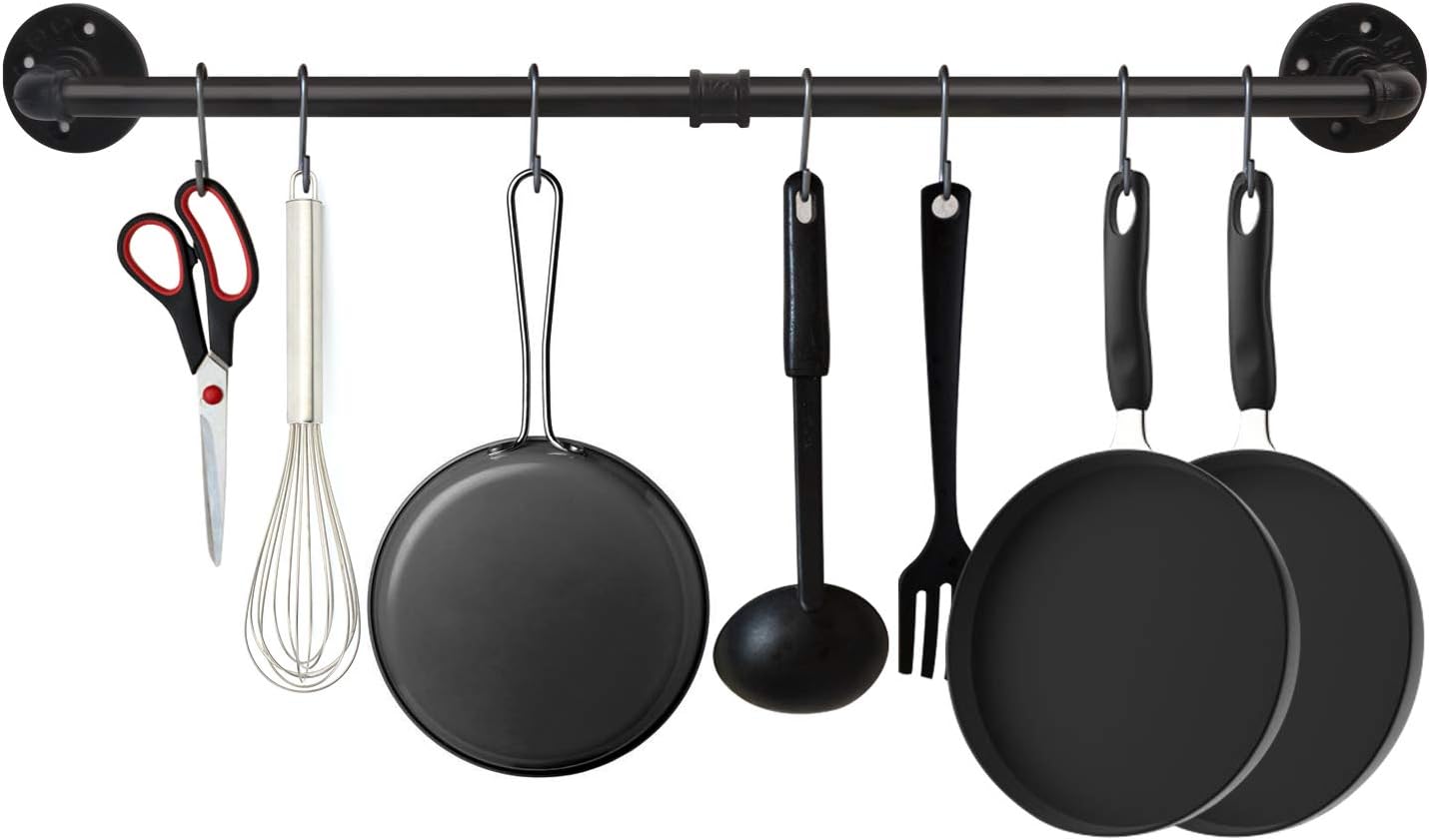 34.3 inch Industrial Pipe Pot Bar Rack with 15 S Hooks Rustic Iron Pots and Pans Hanging Rail Pipe Towel Holder Wall Mounted Detachable Kitchen Utensil Pan Lid Organizer Black