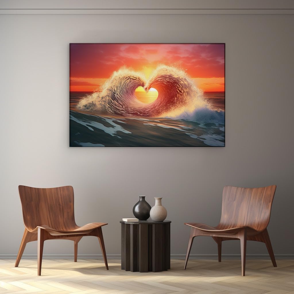 Canvas for Living room. Swept Away in Romance: When Ocean Waves Embrace the Heart of Sunset, 27 x 18 inch Canvas Wall Art - Tranquility - Modern Home Decor