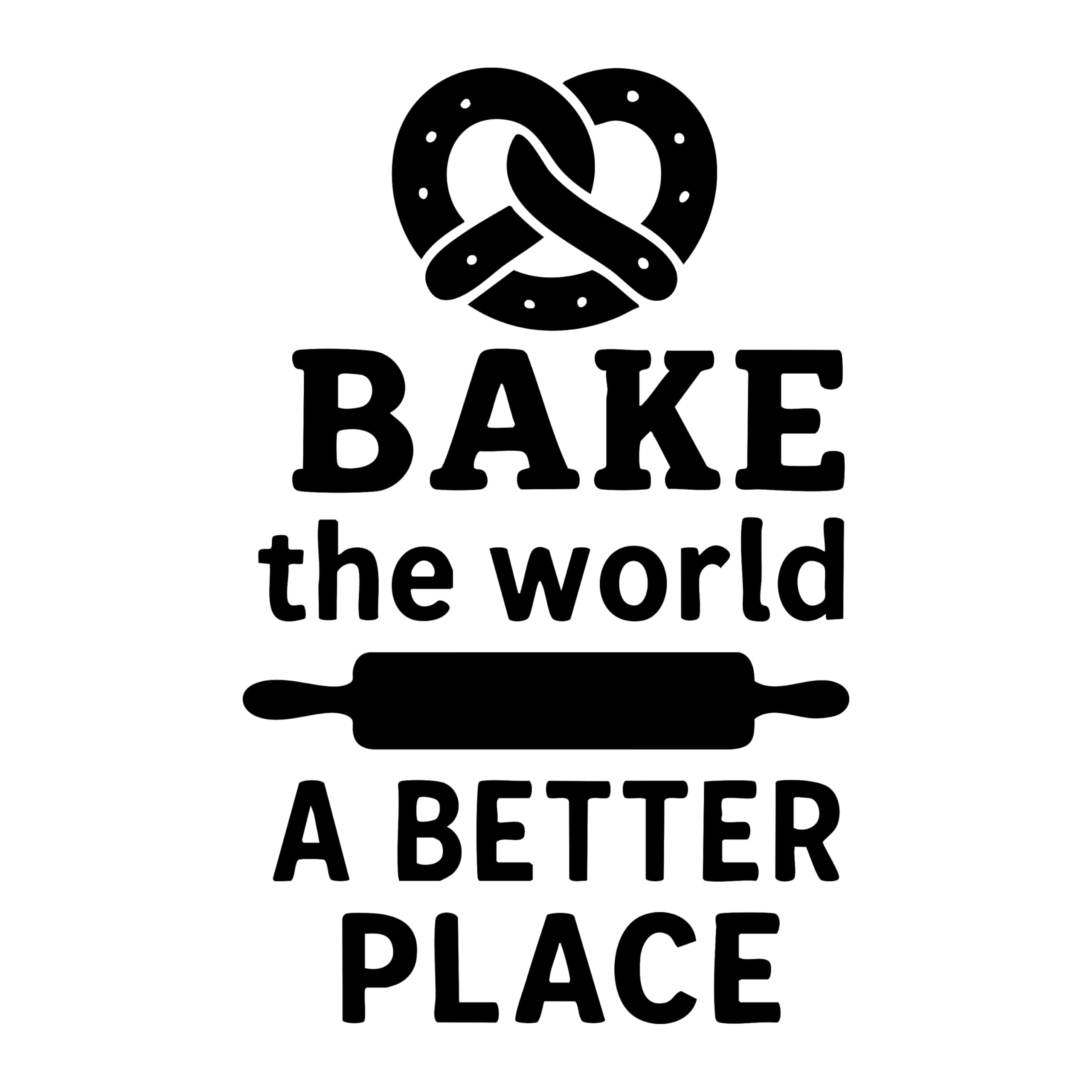 Bake The World A Better Place Kitchen Wall Decal Vinyl Sticker with Pretzel and Rolling Pin Design
