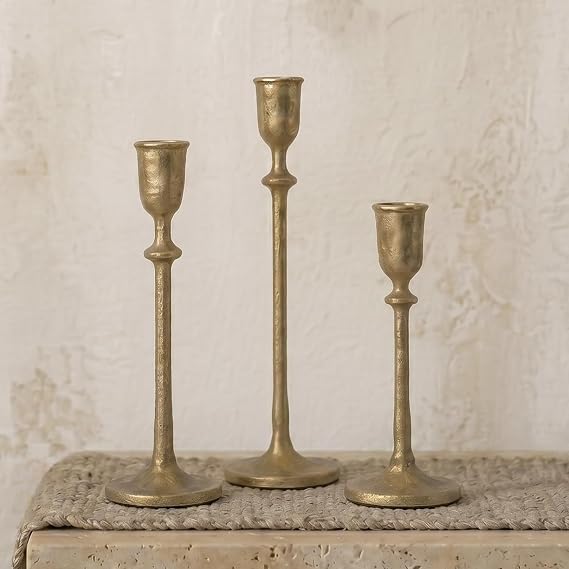 Antique Brass Gold Iron Taper Candlestick Holders, Set of 3
