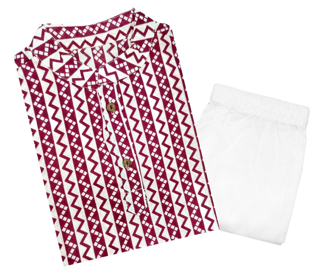 Boys Cotton Kurta Pajama | Traditional Ethnic Wear Pure Cotton Printed Kurta With Elastic Waist White Pajama