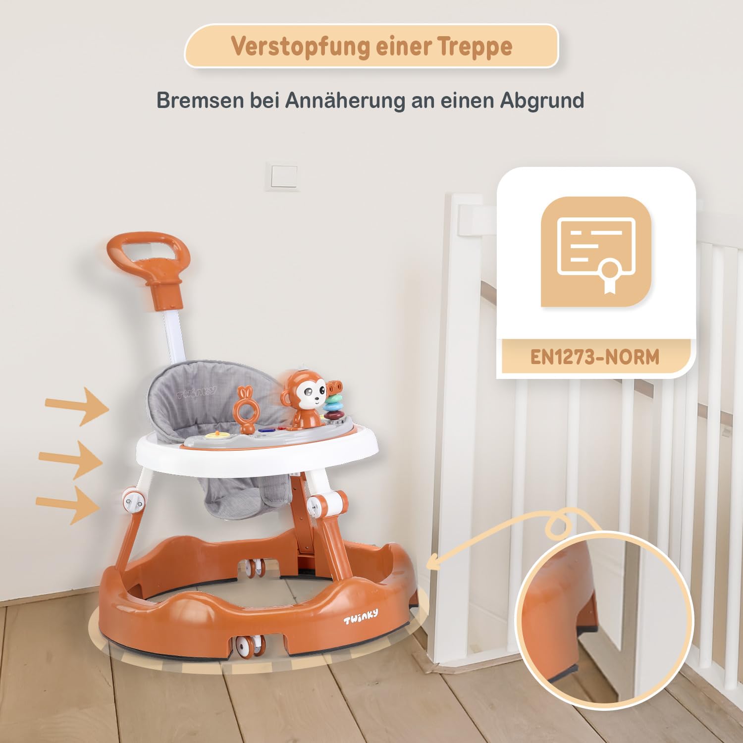 Twinky® Lauflernwagen mit Spielset & Bodenmatte - Robuste 4-fach verstellbare Vorschul-Lauflernhilfe - Ideal als Gehhilfe für die ersten Schritte Ihres Kleinen (Braun)