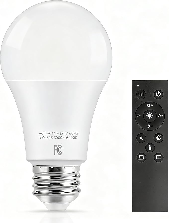 Remote Control Light Bulbs, A19 LED Bulb, 9W LED Bulb (60W Equivalent), 810LM, 3000K-6000K Dimmable 10%-100%, E26 Base, Light Bulb with Timer for Living Room, Bedroom, 2-Pack