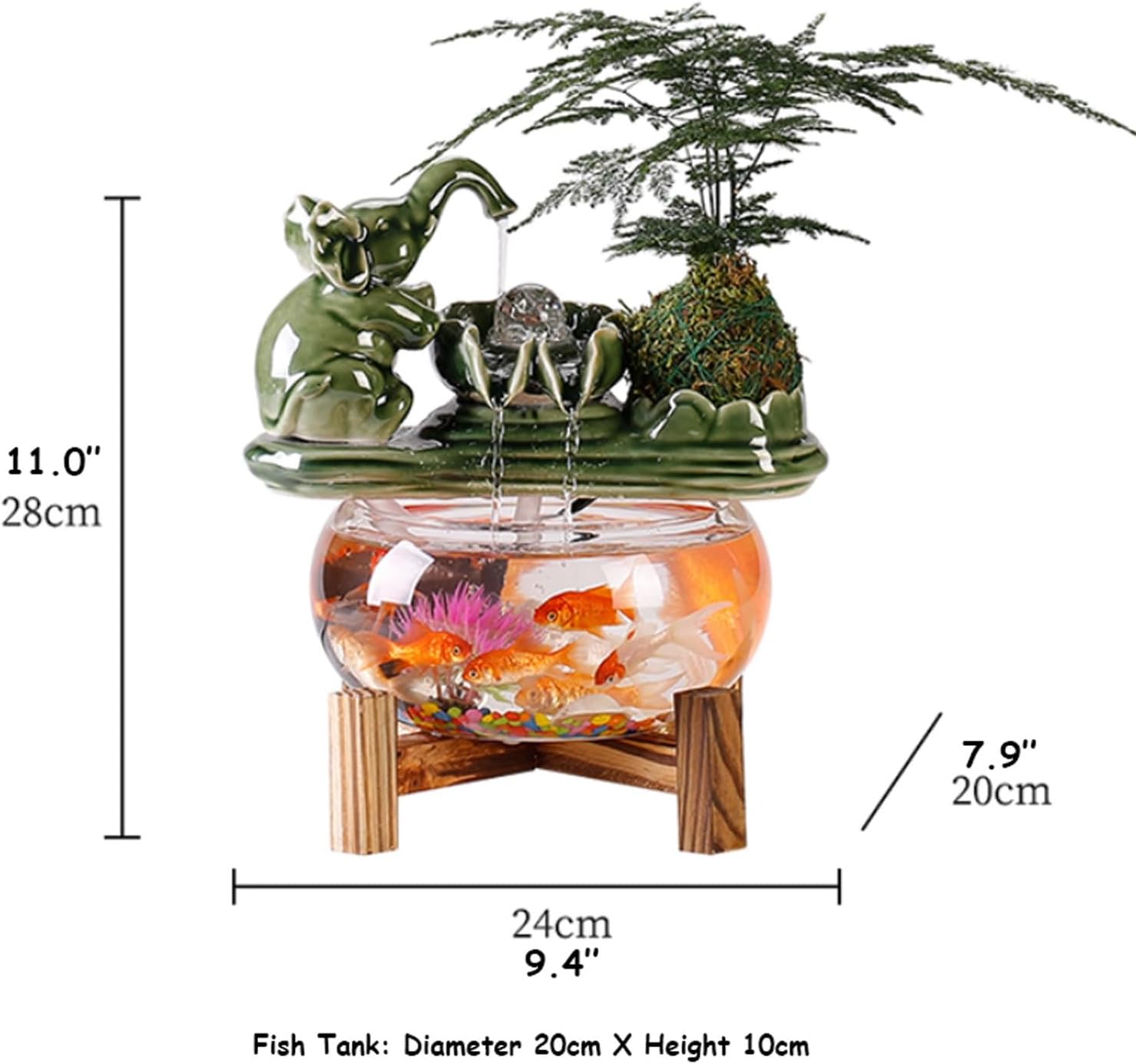 Ceramic Lucky Elephant Indoor Waterfall Fountain Aquarium Indoor Feng Shui Zen Decor Tabletop Water Fountain Glass Fish Tank for Home(Blue)