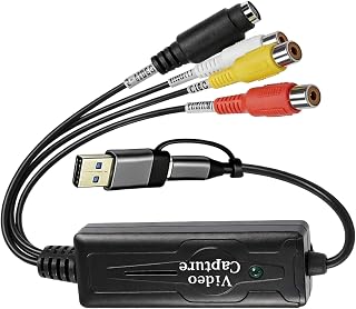 RCA AV to USB Converter, VHS to Digital Converter, USB 2.0 Type C Video Capture Card Adapter, 1 Channel AV NTSC PAL Video S Video/Composite to USB/Type C Converter Video Audio RCA for