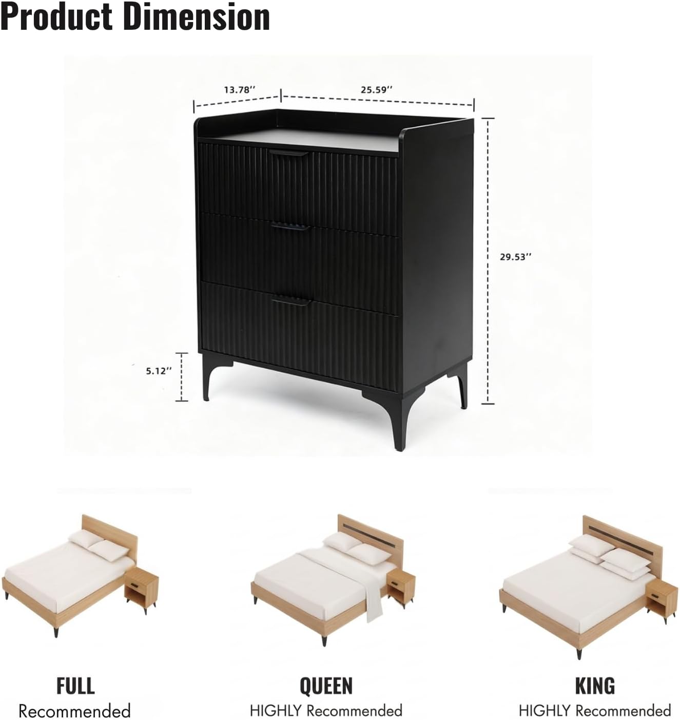 Modern Fluted Wood 3-Drawer Tall Nightstand, 30'' High Bedside Table for King or Queen Beds, Narrow Storage Cabinet for Bedroom, Black