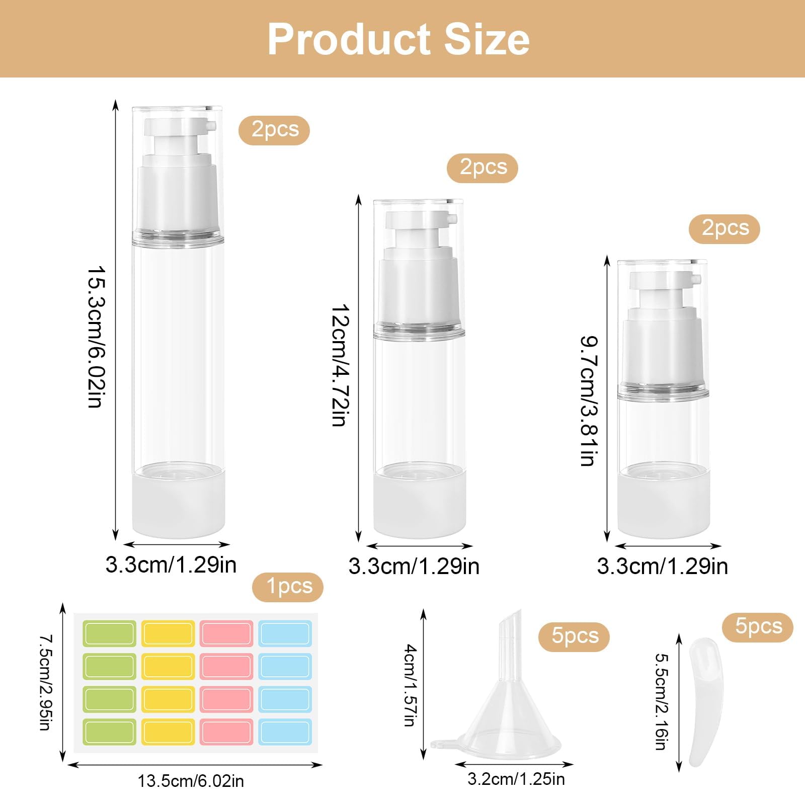 Airless dozownik z pompką, 6 sztuk, 15 ml/30 ml/50 ml, pusta, próżniowe butelki podróżne do napełniania z naklejką, szpatułka, do podróży, balsamów, szamponów, kosmetyków