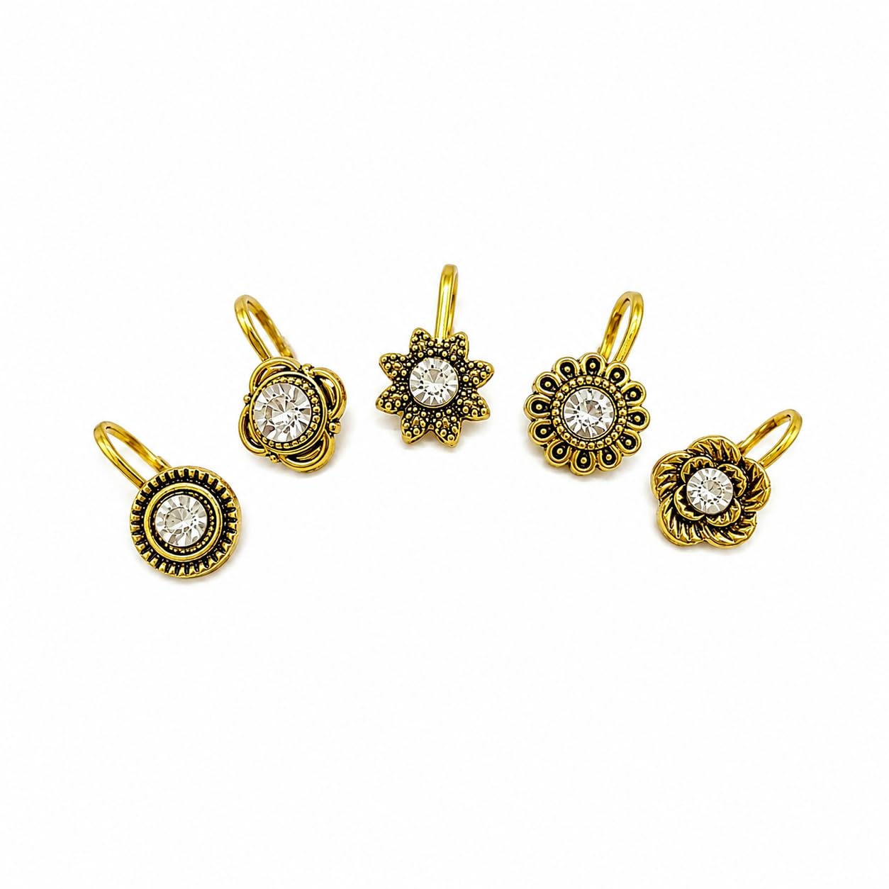 Women’s Gold-Toned Floral Clip-On Nose Ring Set | Crystal Studded Non-Pierced Adjustable Nose Pins | Traditional Ethnic Nath Jewellery | Pack of 5-image-42
