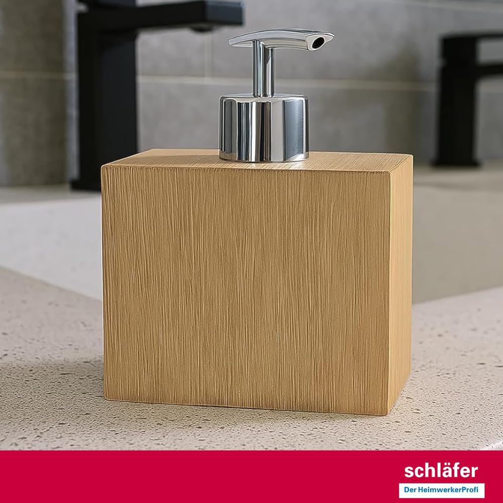 Schläfer 285200 | Set Bagno Completo serie Bambus con Dispenser per Sapone, Portasaponetta, Portaspazzolino, Bicchiere da Bagno, Portasapone Liquido Accessori in Resina Effetto Bamboo, 3 Pezzi