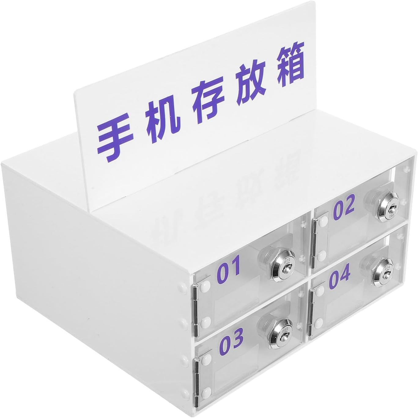 Lockable Acrylic Phone Cabinet with 4 Compartments, Doors, Blue Labels, Double-Layer Storage Locker for Workshop and Office Mobile Phone Organization