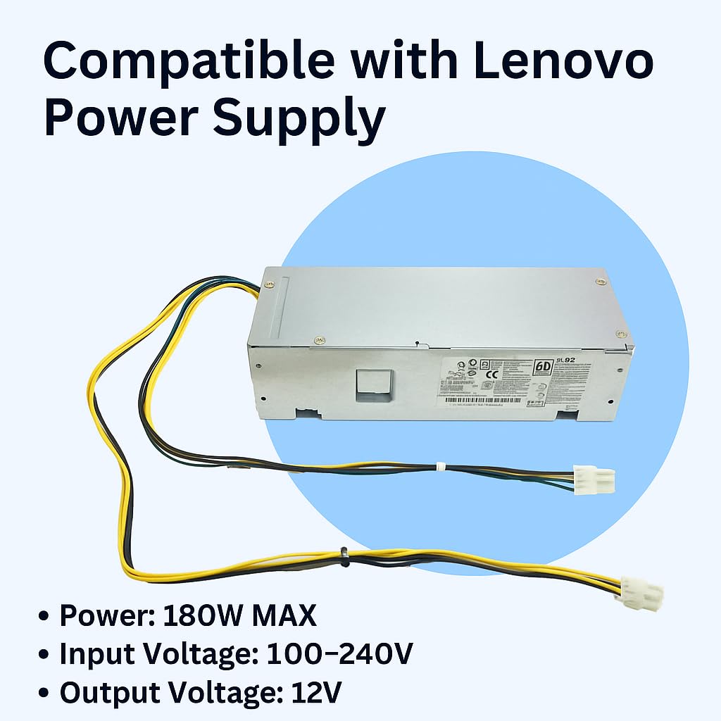 POWERASH 180W Power Supply Adapter for Desktop Business PC Computer with Input Voltage 100-240V and Output Voltage 12V – PSU Replacement for Lenovo Thinkcentre & ideapad Models for Home Office Use