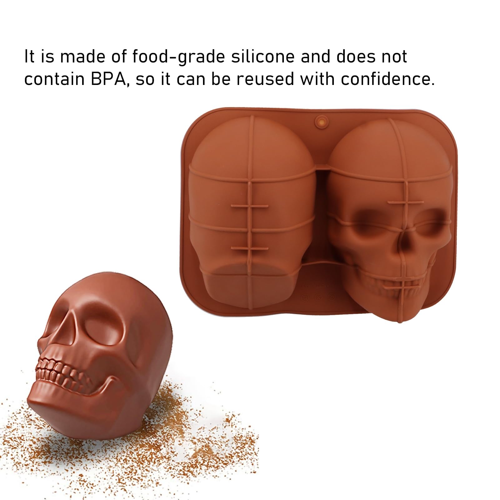 Nikou Silicone Cake Mould Realistic Skull Shaped Silicone Molds 137x215x180mm Cake Tins for DIY Fondant Decoration and Baking (Brown) - Image 2