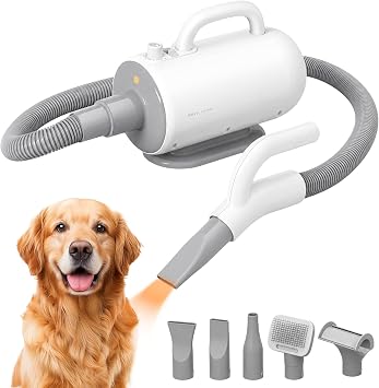 Sevy Whoosh Dog Dryer | High Velocity Dog Blower Grooming Dryer with Negative Ions | Dog Hair Dryer Blower for Grooming, Home & Professional Use, Stepless Speed, 4 Temperature Settings and 5 Nozzles