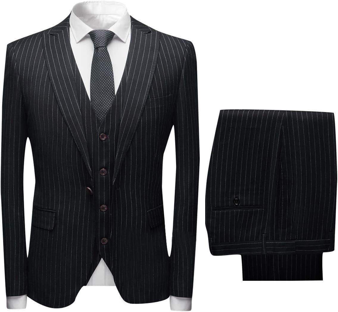 Costume 3 pièces slim fit à rayures tennis pour homme en noir taille 40 avec veste gilet et pantalon