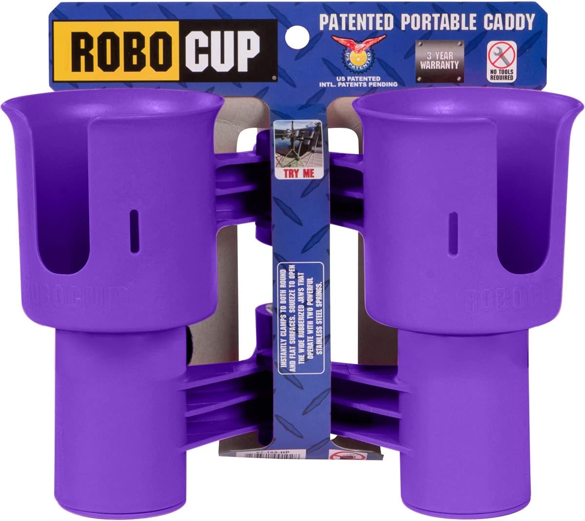 ROBOCUP, (Purple EZ-Spring), Patented Clamp On Boat Cup Holder |Multifunction Dual Drink Caddy for Fishing Poles, Tools, Net |Portable Storage for Boating, Beach, Umbrellas, Golf Carts, Strollers image 2