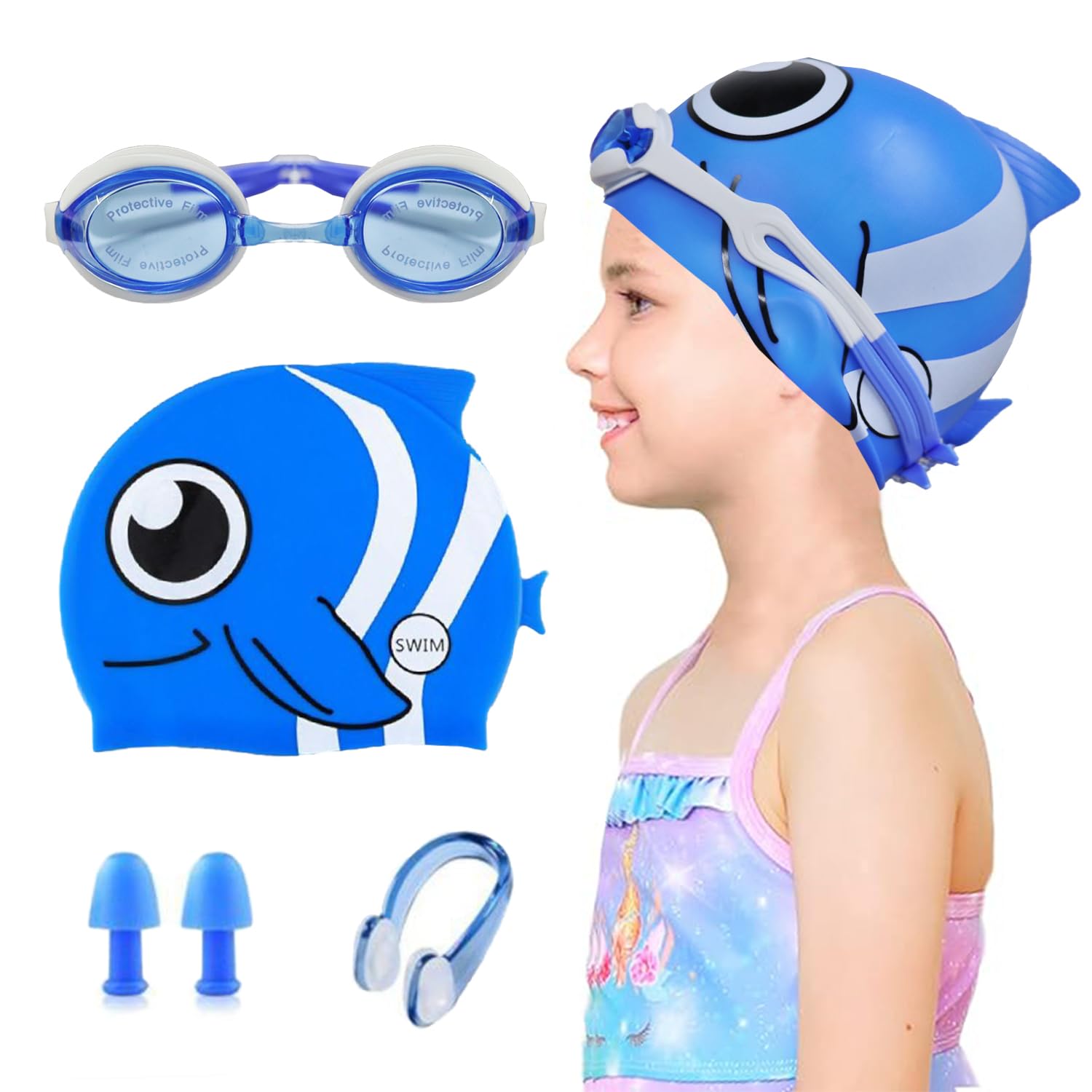 Crazybean Conjunto Gorro Piscina con Gafas Natación Tapones Oidos Pinza Nariz para Niños Niña Gorro Natación Pescado de Playa