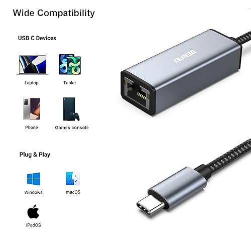 Miniatura 4 de BENFEI Adaptador USB-C a Ethernet, USB Type-C (Thunderbolt 34) a RJ45 Gigabit Ethernet Adaptador de red LAN compatible con iPhone 15 ProMax, MacBook