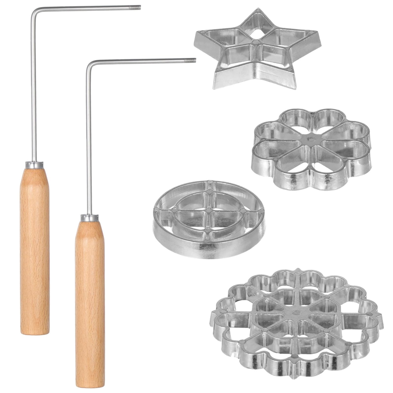 6-teiliges Rosetteneisen-Set, inklusive 4 Waffelformen und Holzgriffen, DIY-Kuchenformen-Set für die Küche