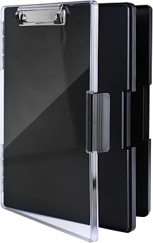 FRETONBA Clipboard A4 with Storage, Plastic Clip Board with Pen Holder, Portable Personalised Clipboard with Cover, Folder Box with Dual Compartment for School, Industry, Office Supplies, Black