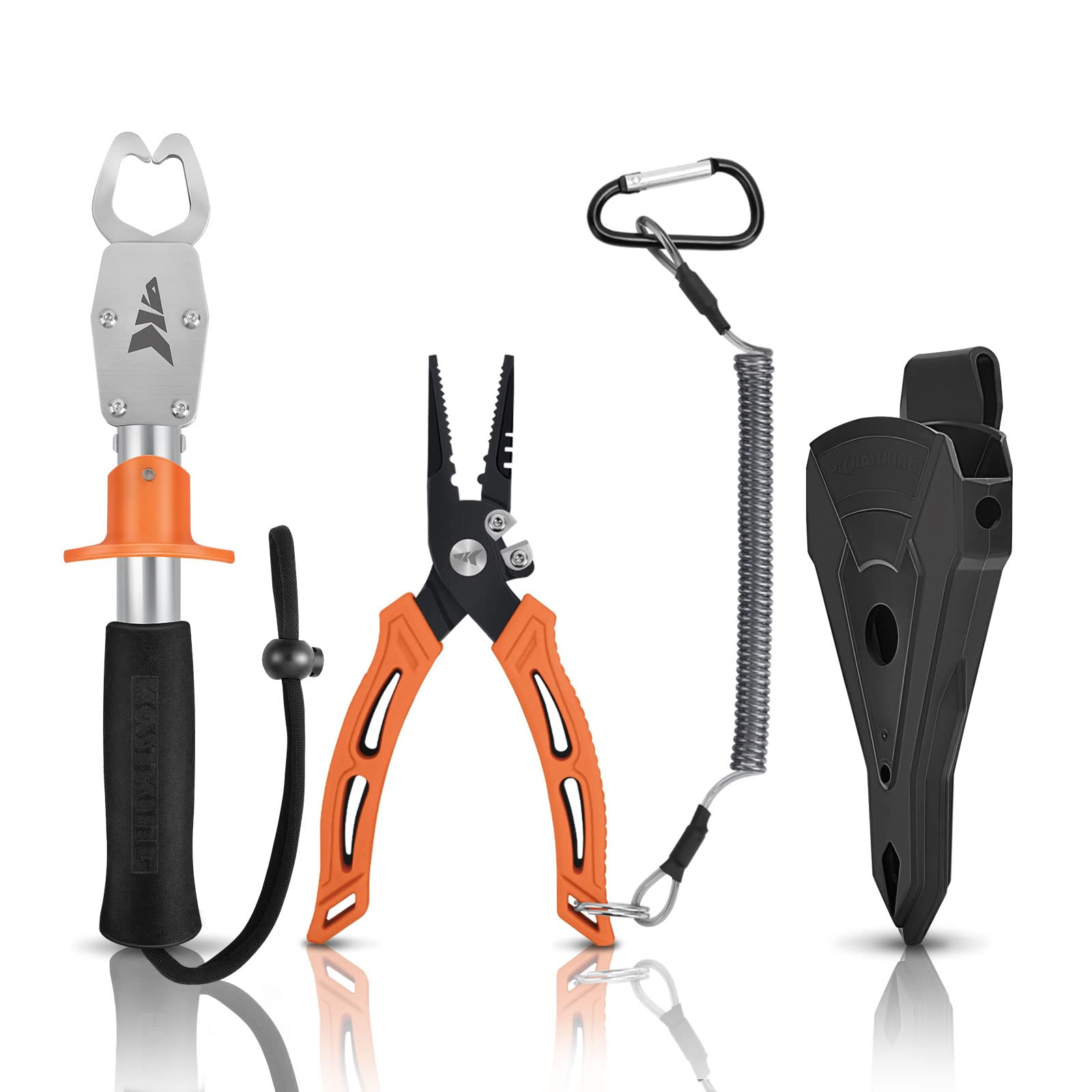 KastKing Fishing Pliers with Fish Lip Gripper, Saltwater Resistant Fishing Tools, Fishing Gear with Rubber Handle, Lanyard, Line Cutter Hook Remover with Sheath, Ice Fishing Gear, Fishing Gift for Men - D: 6'' Straight Nose Plier and 9'' Lip Grip - Orange