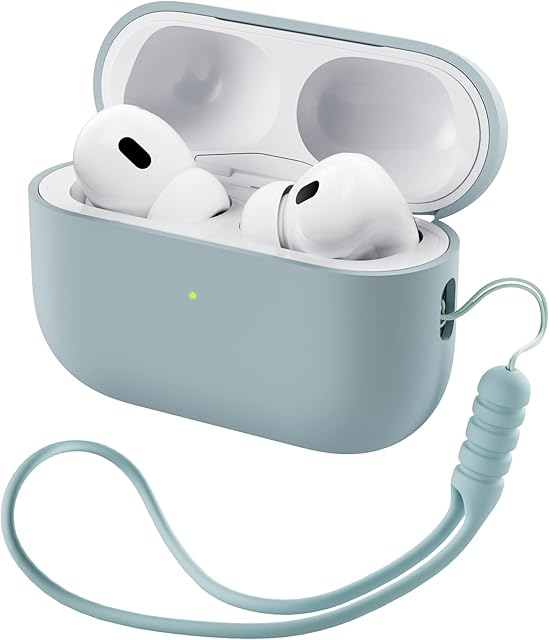 ORNARTO Compatible with AirPods Pro 2 Case (2022) Protective Liquid Silicone Case for AirPods Pro 2nd Generation with Lanyard Soft Skin Front LED Visible Silicone Case -Mint Green