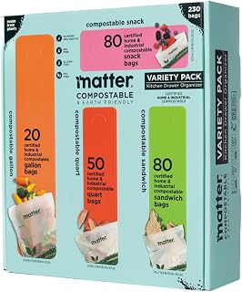 Matter Compostable Kitchen Bags Variety Pack - 230 Resealable Biodegradable Bags (80 Snack, 80 Sandwich, 50 Quart, 20 Gallon)