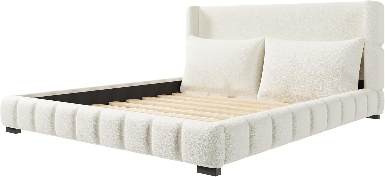 Ball & Cast King Size Upholstered Bed with 2 Pillows,Platform Beds Frame W/Headboard,Wooden King Bed W/Wood Slats Support,for Apartment,Guest Room,Living Room,Velvet Fabric,White