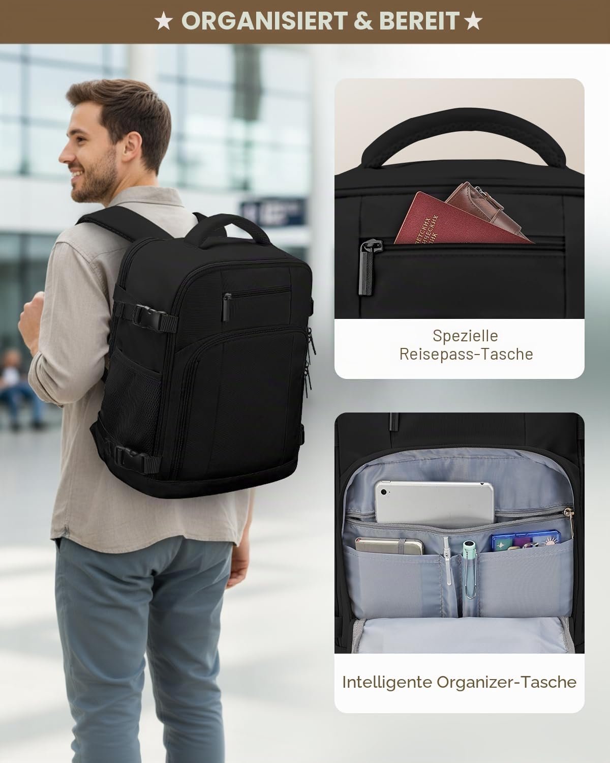 Plecak podróżny do kabiny samolotu 40x30x20, plecak kabinowy Ryanair, torba podróżna Ryanair 40x20x30 jest wodoodporny, bagaż podręczny z portem ładowania i kieszenią antykradzieżową, Czarny