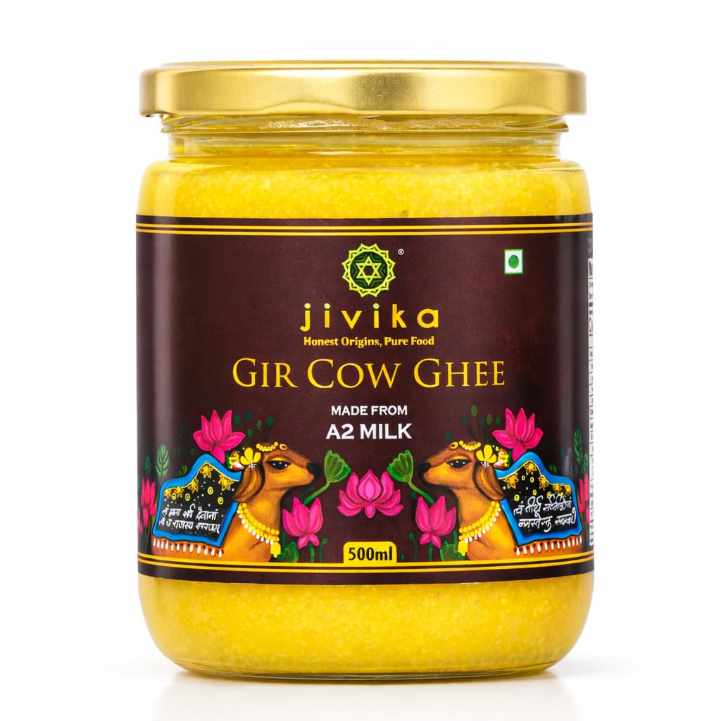 JIVIKA NATURALS Organics A2 Cow Ghee Bilona Method Gir Cow Hand Churned From Curd Lab Tested Glass Jar Pure Ghee Natural Ghee Healthy Ghee Made in Bilona Gir Cow 500ml