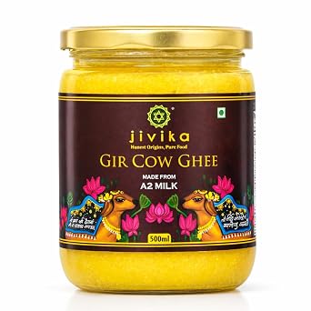 JIVIKA NATURALS Organics A2 Cow Ghee Bilona Method Gir Cow Hand Churned From Curd Lab Tested Glass Jar Pure Ghee Natural Ghee Healthy Ghee Made in Bilona Gir Cow 500ml