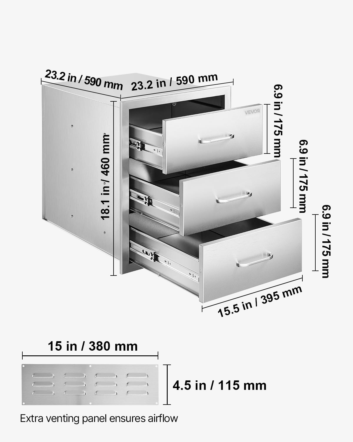 VEVOR Cassettiera per Barbecue da Esterno da 46 x 59 x 59 cm, Carico di 20 kg per Griglia con 3 Cassetti e Maniglie in Acciaio Inossidabile, per Cucina da Esterno e Isola per Griglia da Giardino