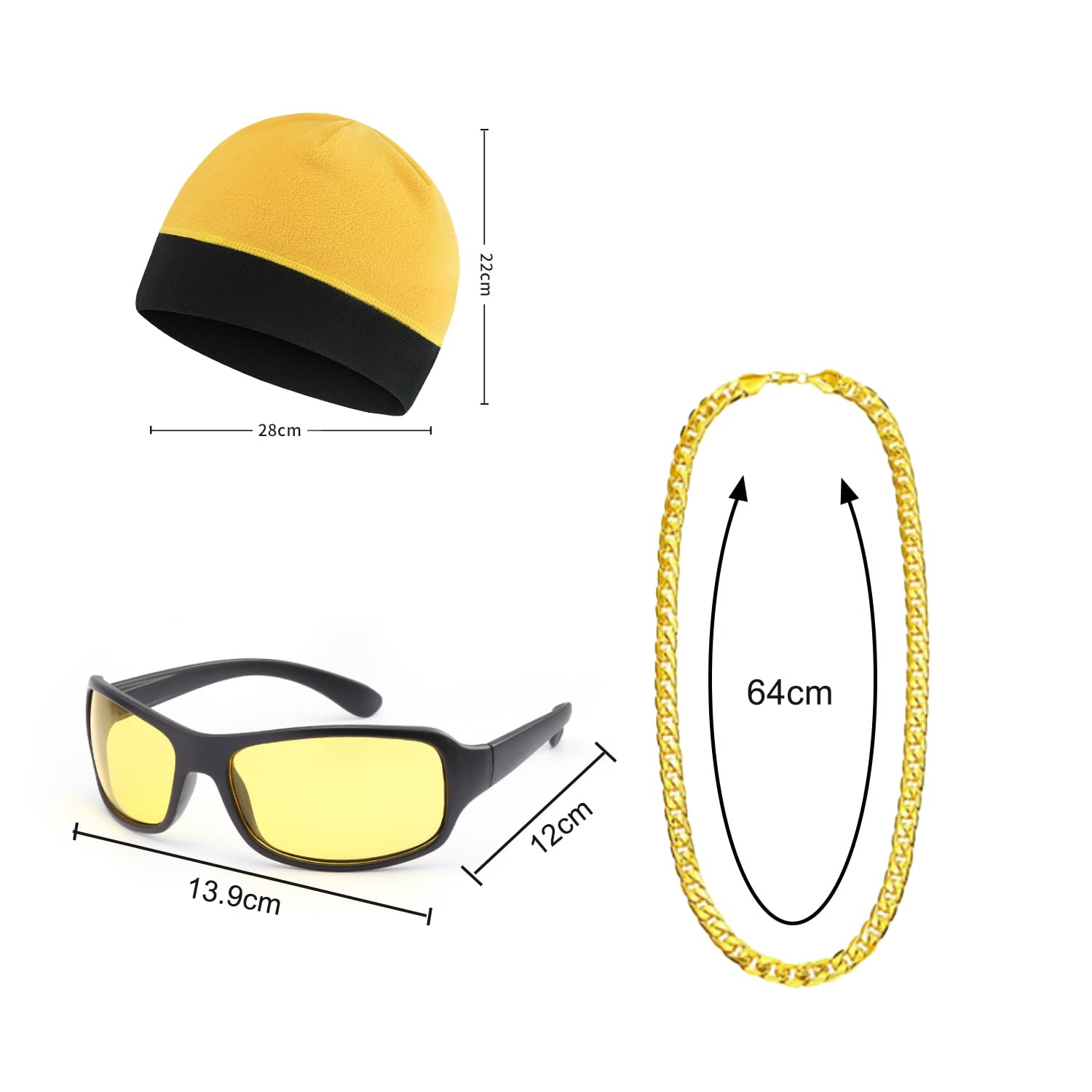 XNFUOE 4pcs 90s Celebrity Costume 90s Fancy Dress Accessories Kit Yellow Sunglasses Hat Black Goatee Gold Chain for Carnival Parties Halloween - Image 2