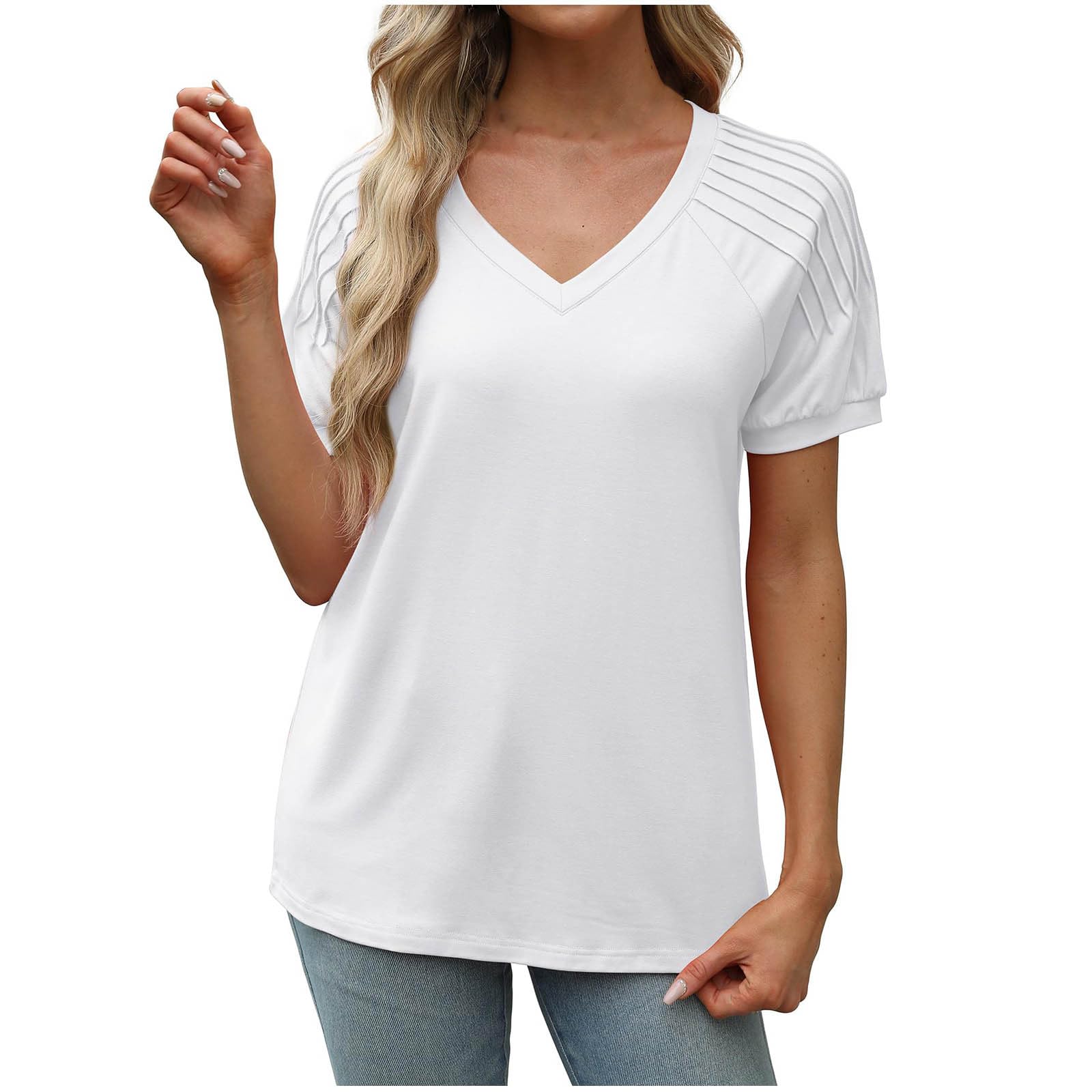 Lemoiitea Blusa de manga corta para mujer, elegante, plisada, con cuello en V, fruncida, para verano, color liso, holgada, informal, para el trabajo diario