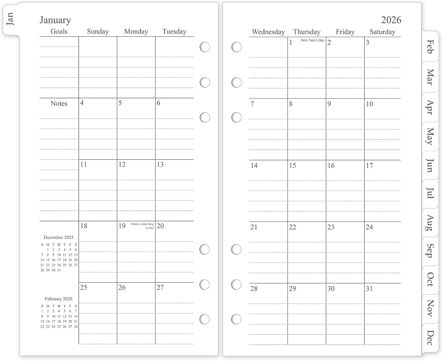 2026 Monthly Planner Refill, A6 Small Size Planner Inserts for 6 Ring ...
