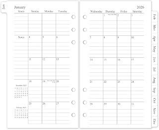 2026 Monthly Planner Refill, A6 Small Size Planner Inserts for 6 Ring, 3.8"x6.8", Jan. 2026 - Dec. 2026, 12 Monthly Calendars with Laminated Tabs, 6-Hole Punched