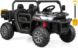 OLAKIDS 12V 2-Seater Ride-On Dump Truck with Remote Control, Electric Dump Bed, Shovel, Music, Spring Suspension - Kids UTV (Black)