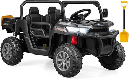 OLAKIDS 2 Seater Ride On Car, 12V Off-Road UTV Electric Vehicle with Remote Control, Dump Bed, Extra Shovel, Music, USB, AUX, Rocking Function, Kids Toddlers Battery Powered Truck (Dark Black)