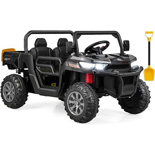 OLAKIDS 2 Seater Ride On Car, 12V Off-Road UTV Electric Vehicle with Remote Control, Dump Bed, Extra Shovel, Music, USB, AUX, Rocking Function, Kids Toddlers Battery Powered Truck (Dark Black)