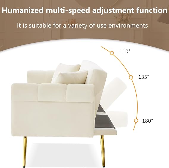 Couch Bed Double, Velvet U Shaped Sofa with 3 Stage Adjustable Backrest and Gold Metal Feet, Space Saving Double Sofas Couches with Sleeping Function, White