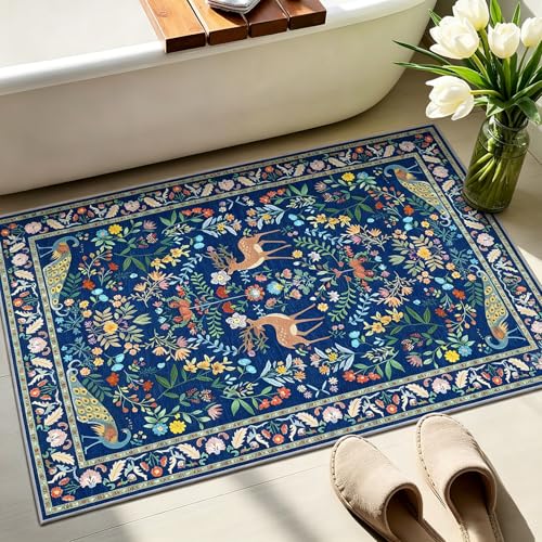 Lunasun 2x3 Washable Bathroom Rug, Small Throw Rugs for Kitchen, Powder Room, Front Door Indoor Entrance, Non Slip Low Pile Stain Resistant, Blue Colorful Floral Aethestic — view 4