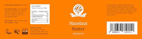 Nutural World - Crunchy Hazelnut Nut Butter (170g) - 100% Pure/Single Ingredient - Great Taste Award Winner