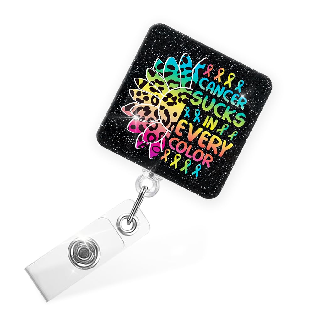 Sixrip Cancer Sucks in Every Color Retractable Glitter Badge Reel with Alligator Clip, Funny Cancer Awareness Badge Holder Gifts for Cancer Care
