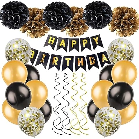 Black Gold Birthday Party Decorations Kit - Happy Birthday Banner, Spiral Charm，Paper Flower Ball, Latex Balloon and Confetti Balloons for Girls Boys Birthday Party Supplies Cover