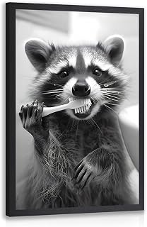Kilamino Wood Framed Funny Bathroom Wall Art, Black and White Raccoon Wall Decor, Cute Raccoon Brushing Teeth Art Print, Vintage Animal Canvas Painting for Bathroom Toilet Bedroom Hallway Office 8"x10"